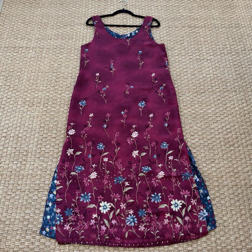 Women's Vintage 90s Reversible Floral Maroon & Blue Midi Dress - Picture 7 of 16